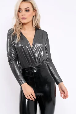 Rebellious Fashion Silver Metallic Wrap Front Bodysuit - Kristen