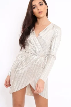 Rebellious Fashion Silver Metallic Wrap Front Dress - Angie