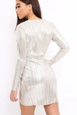 Rebellious Fashion Silver Metallic Wrap Front Dress - Angie