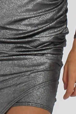 Rebellious Fashion Silver Metallic Wrap Side Ruched Dress - Harlie