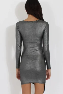 Rebellious Fashion Silver Metallic Wrap Side Ruched Dress - Harlie