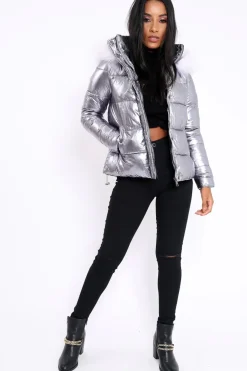 Rebellious Fashion Silver Padded Puffer Coat - Casie