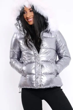 Rebellious Fashion Silver Padded Puffer Coat - Casie