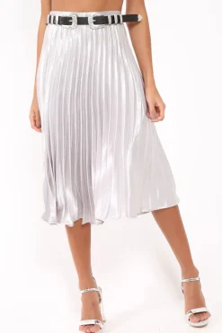 Rebellious Fashion Silver Satin Pleated Midi Skirt - Kelyn