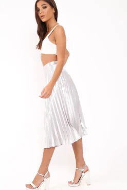 Rebellious Fashion Silver Satin Pleated Midi Skirt - Kelyn