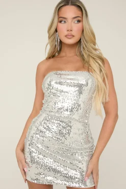 Rebellious Fashion Silver Sequin Bandeau Mini Dress - Francesca