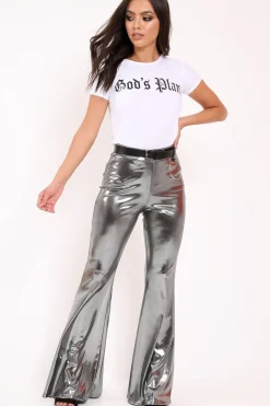 Rebellious Fashion Silver Shiny Metallic High Waist Kick Flare Trousers - Islee