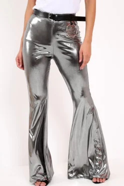 Rebellious Fashion Silver Shiny Metallic High Waist Kick Flare Trousers - Islee