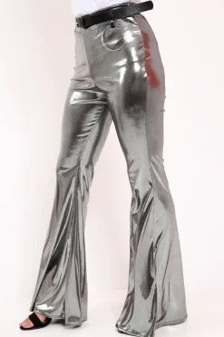 Rebellious Fashion Silver Shiny Metallic High Waist Kick Flare Trousers - Islee