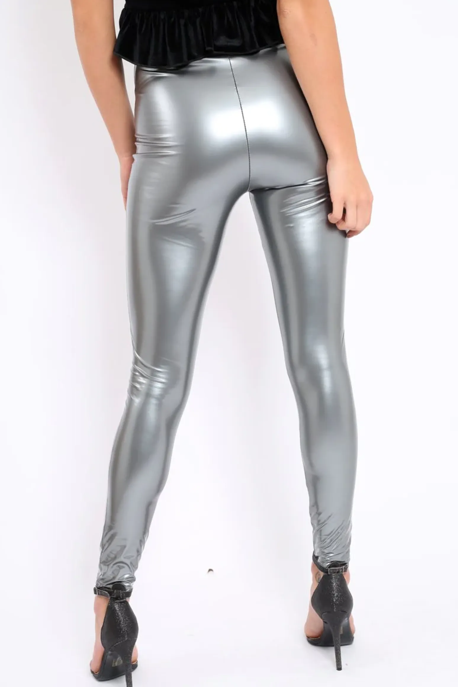 Rebellious Fashion Silver Shiny Vinyl PU Leggings - Rio