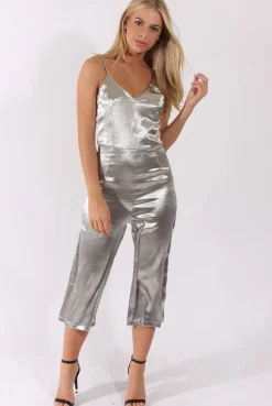 Rebellious Fashion Silver Silky Culotte Jumpsuit - Berry
