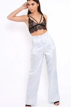 Rebellious Fashion Silver Silky Striped Trousers - Rhiannon