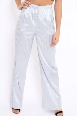 Rebellious Fashion Silver Silky Striped Trousers - Rhiannon