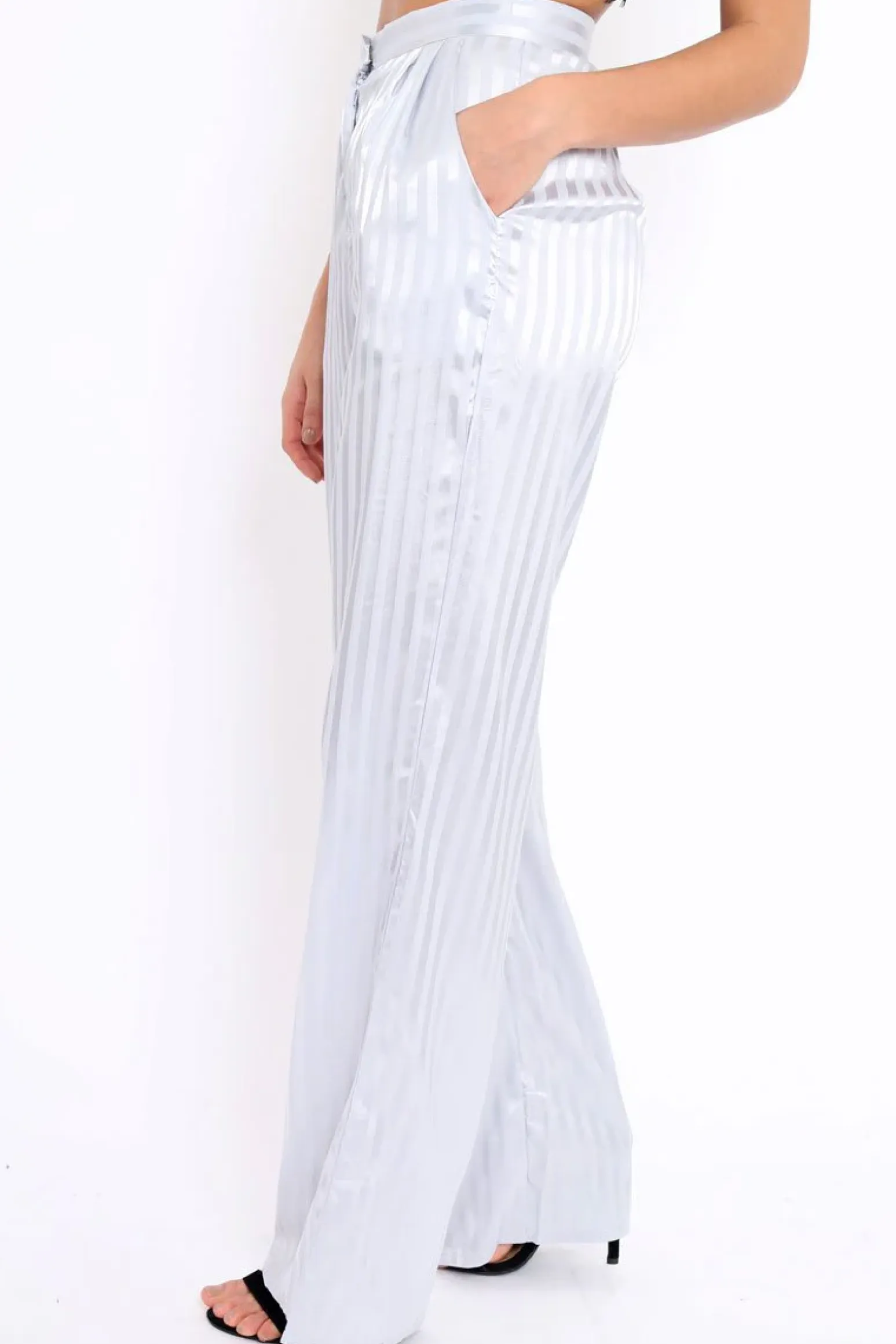 Rebellious Fashion Silver Silky Striped Trousers - Rhiannon