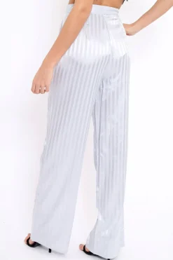 Rebellious Fashion Silver Silky Striped Trousers - Rhiannon