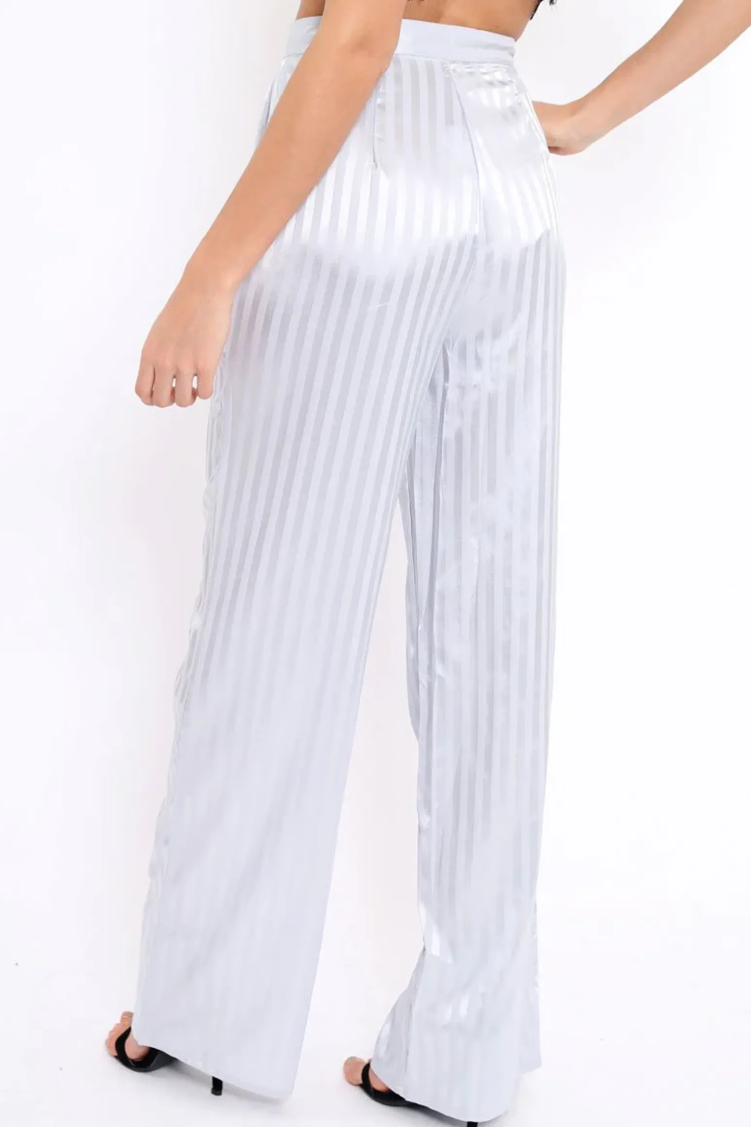 Rebellious Fashion Silver Silky Striped Trousers - Rhiannon
