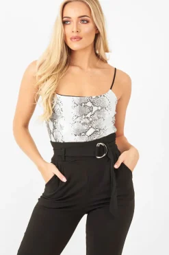 Rebellious Fashion Silver Snake Print Cami Bodysuit - Lucelia