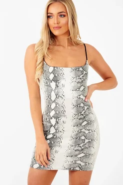 Rebellious Fashion Silver Snake Print Straight Neck Bodycon Dress - Serena