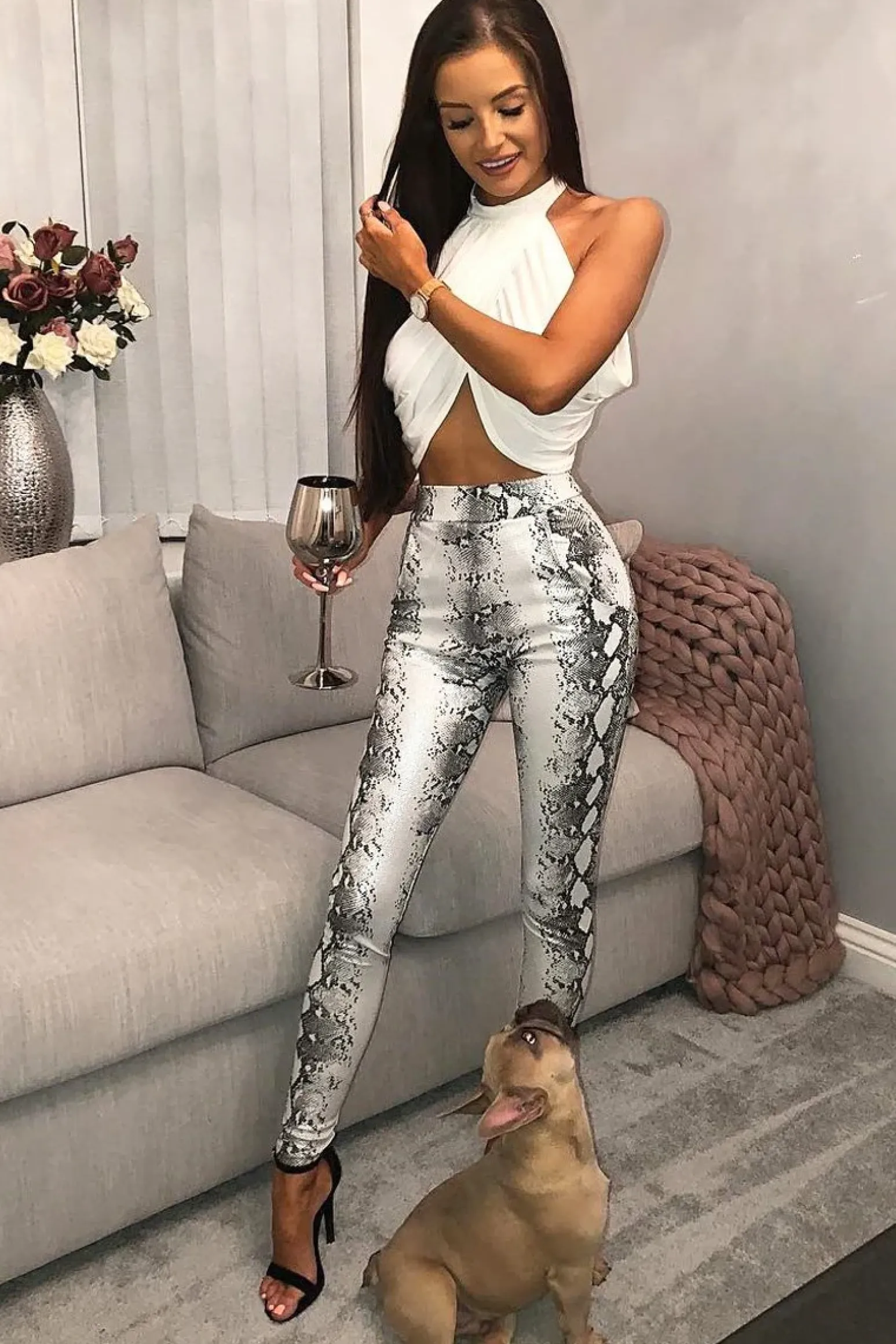 Rebellious Fashion Silver Snake Shimmer High Waist Skinny Trousers - Briele