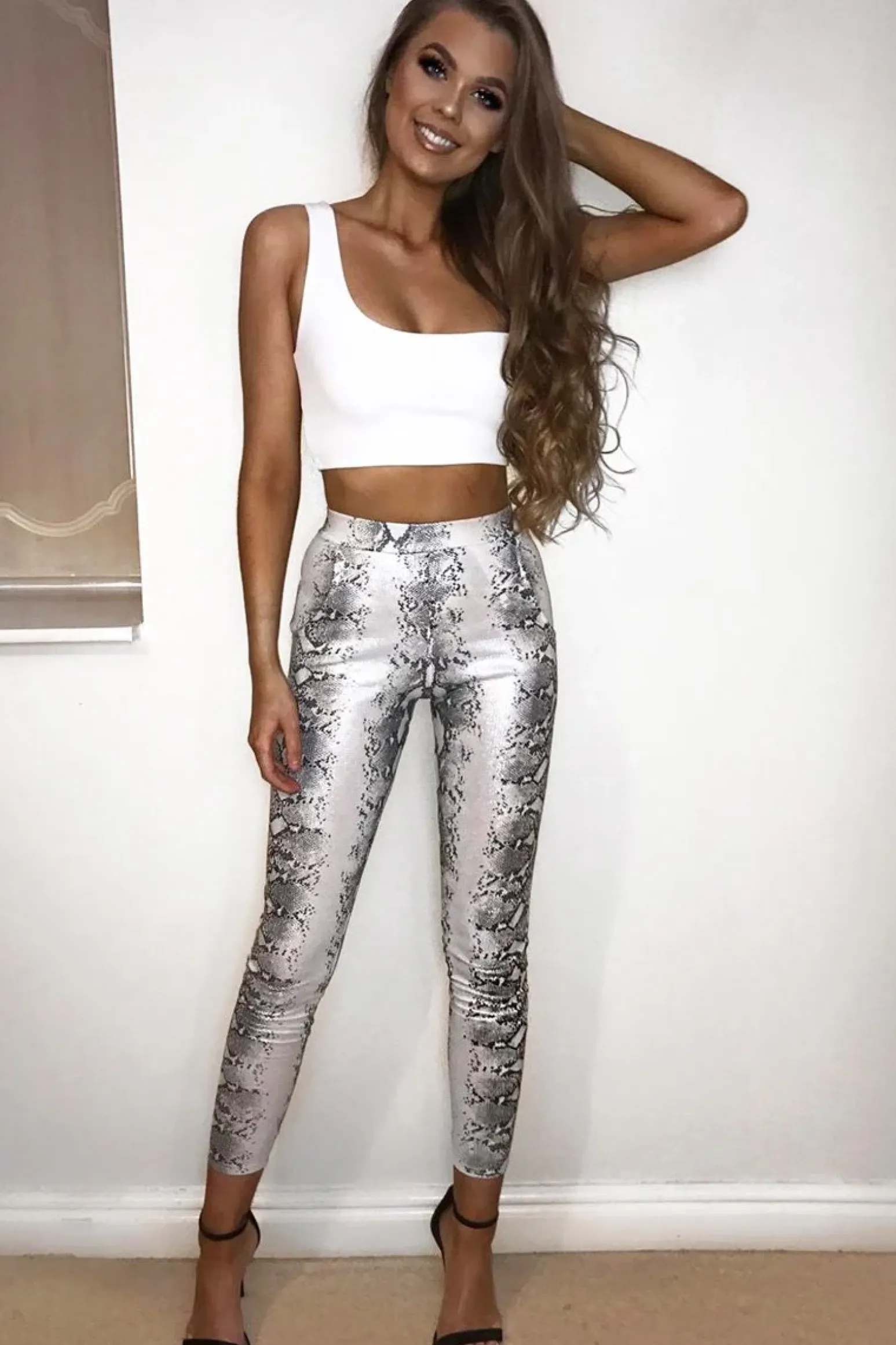 Rebellious Fashion Silver Snake Shimmer High Waist Skinny Trousers - Briele