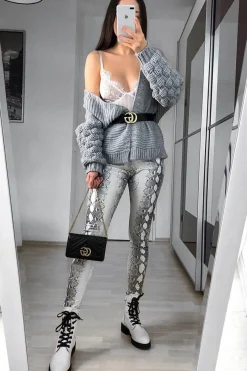 Rebellious Fashion Silver Snake Shimmer High Waist Skinny Trousers - Briele