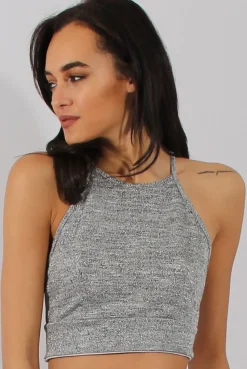 Rebellious Fashion Silver Sparkle Halter Neck Crop Top - Charla