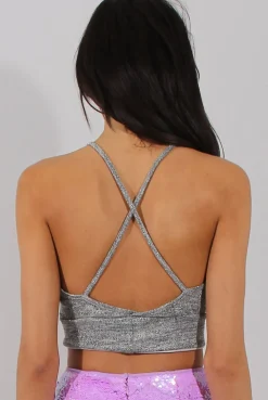 Rebellious Fashion Silver Sparkle Halter Neck Crop Top - Charla