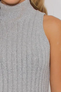 Rebellious Fashion Silver Sparkle Knitted Turtleneck Dress - Mila