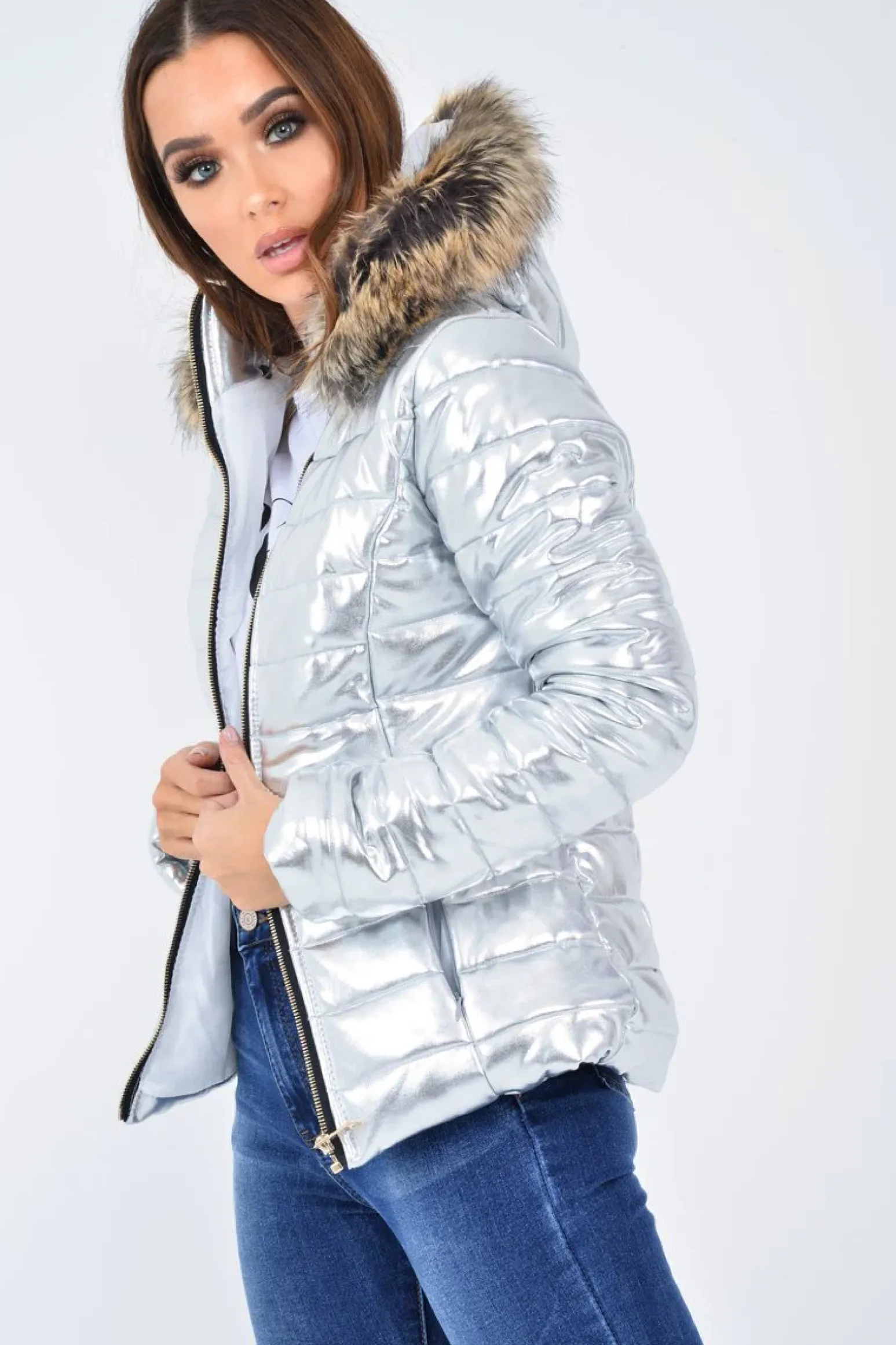Rebellious Fashion Silver Wet Look Puffer Coat - Soph