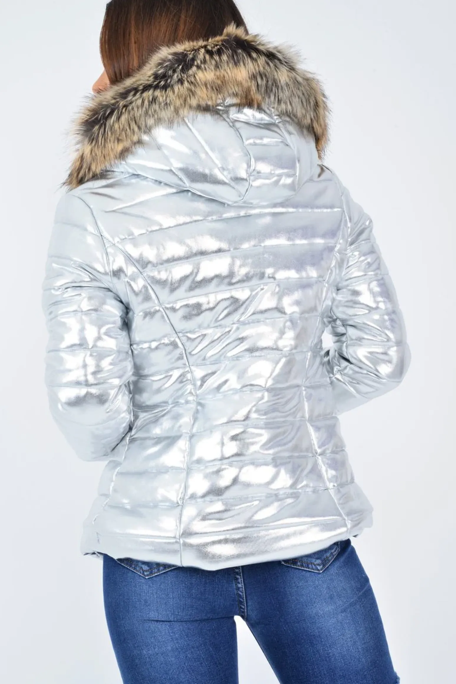 Rebellious Fashion Silver Wet Look Puffer Coat - Soph