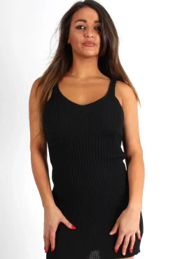Rebellious Fashion Silvia Black Knitted Ribbed V Front Dress