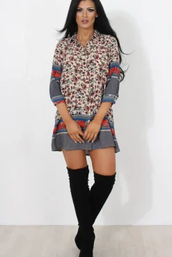 Rebellious Fashion Sissi Beige Floral Shirt Dress