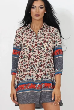 Rebellious Fashion Sissi Beige Floral Shirt Dress