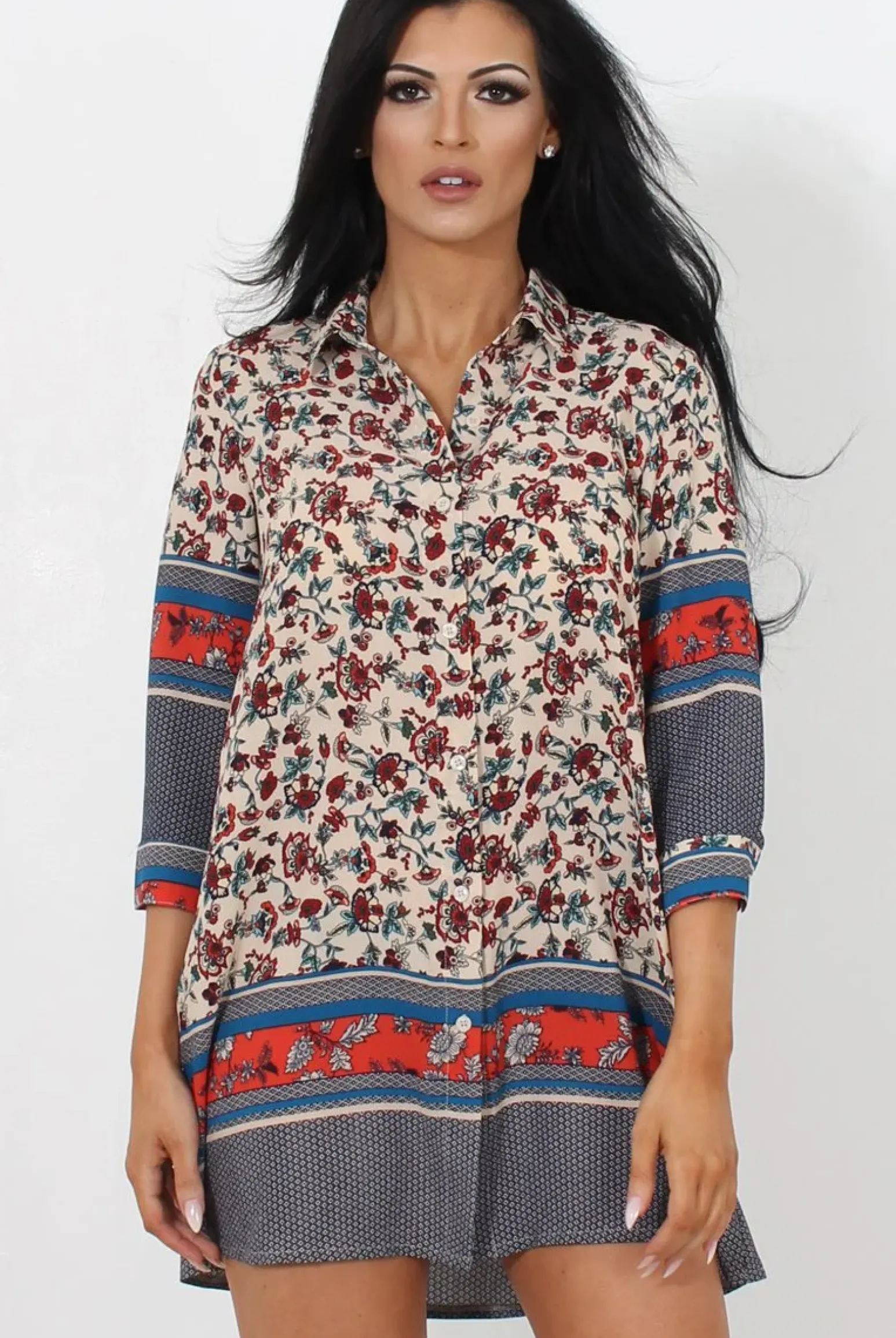 Rebellious Fashion Sissi Beige Floral Shirt Dress