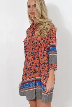 Rebellious Fashion Sissi Coral Floral Shirt Dress