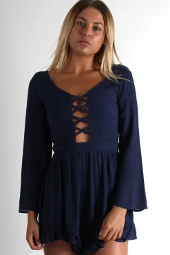 Rebellious Fashion Sissy Navy Tie Front Frill Bottom Playsuit