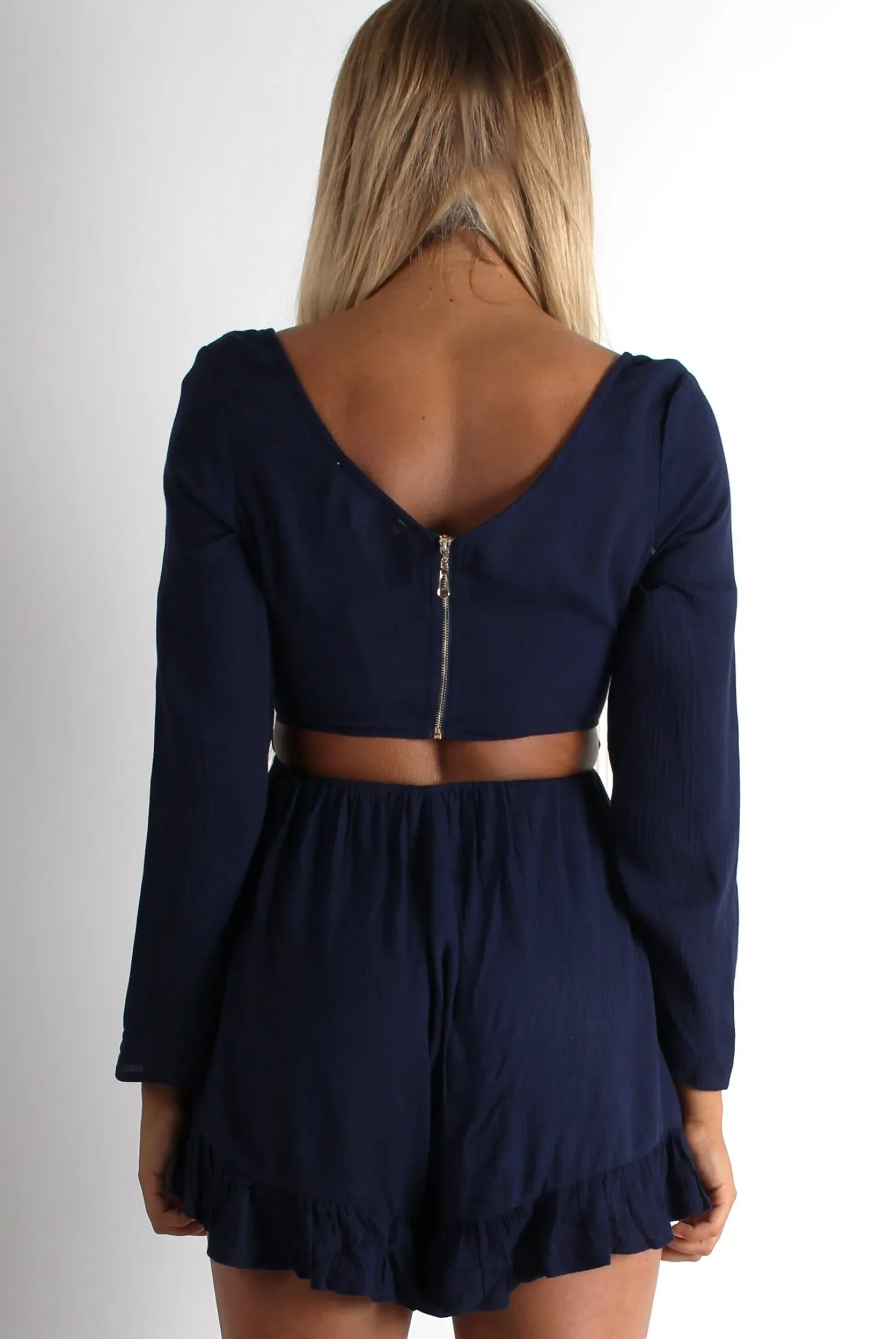Rebellious Fashion Sissy Navy Tie Front Frill Bottom Playsuit