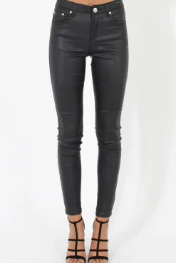 Rebellious Fashion Skinny Fit High Waisted Leather Look Jeans - Bianca