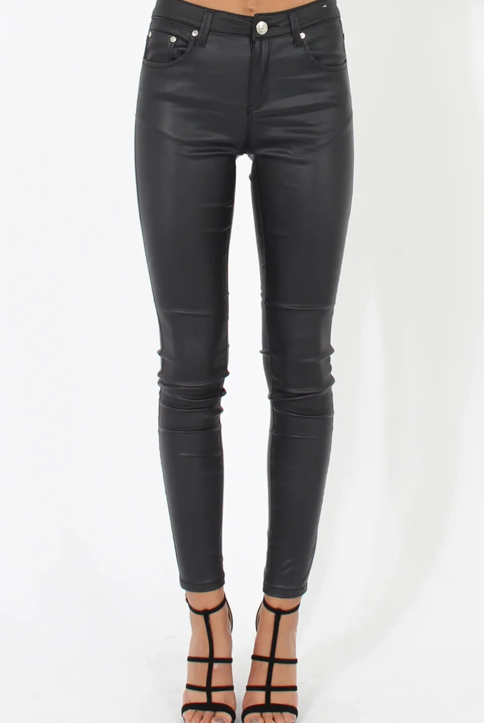 Rebellious Fashion Skinny Fit High Waisted Leather Look Jeans - Bianca