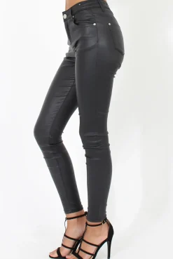 Rebellious Fashion Skinny Fit High Waisted Leather Look Jeans - Bianca