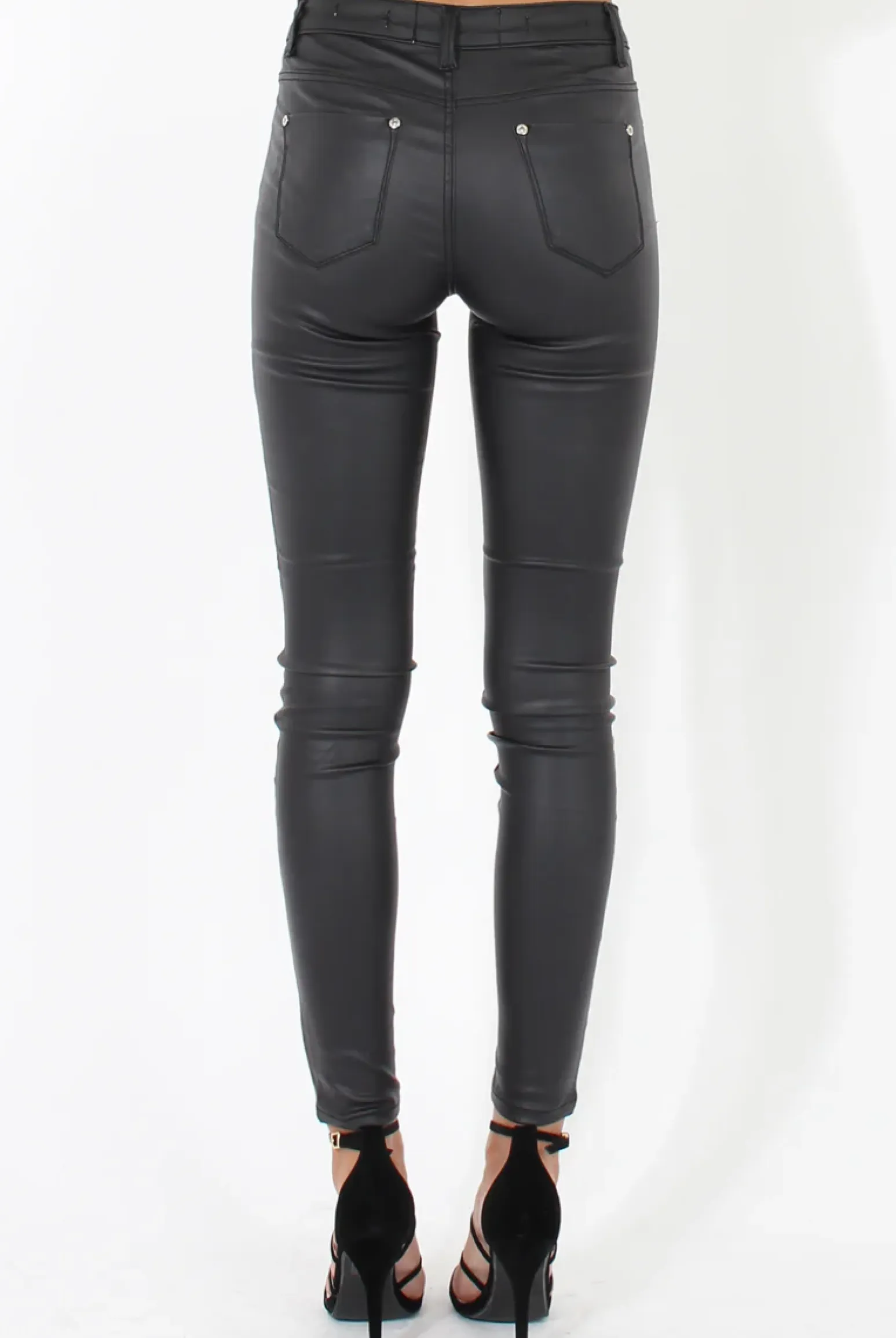 Rebellious Fashion Skinny Fit High Waisted Leather Look Jeans - Bianca