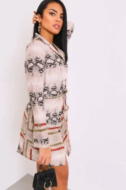 Rebellious Fashion Snake Chain Print Belted Shirt Dress - Karly