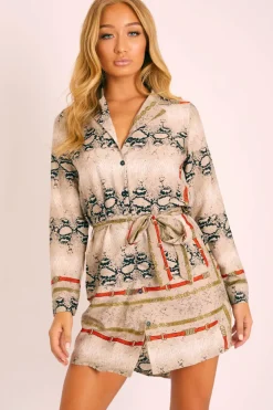 Rebellious Fashion Snake Chain Print Belted Shirt Dress - Karly