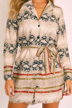 Rebellious Fashion Snake Chain Print Belted Shirt Dress - Karly