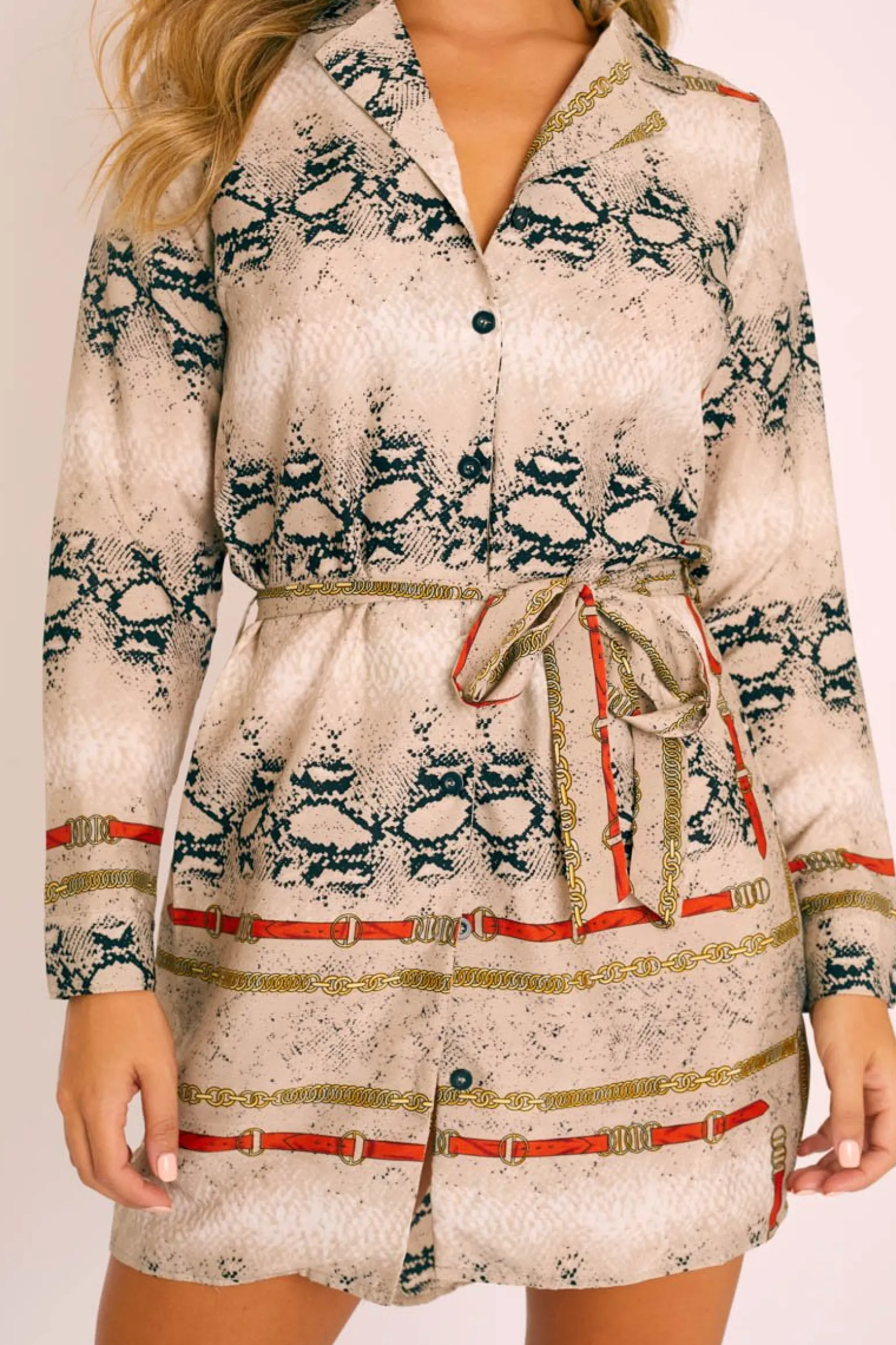 Rebellious Fashion Snake Chain Print Belted Shirt Dress - Karly