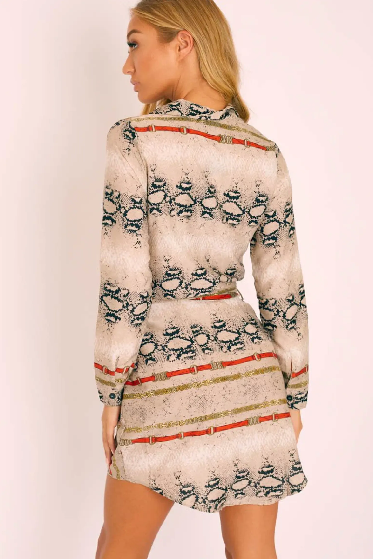 Rebellious Fashion Snake Chain Print Belted Shirt Dress - Karly