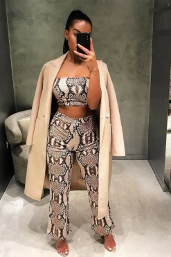 Rebellious Fashion Snake Print Bandeau And Wide Leg Trousers Co-ord - Freddie