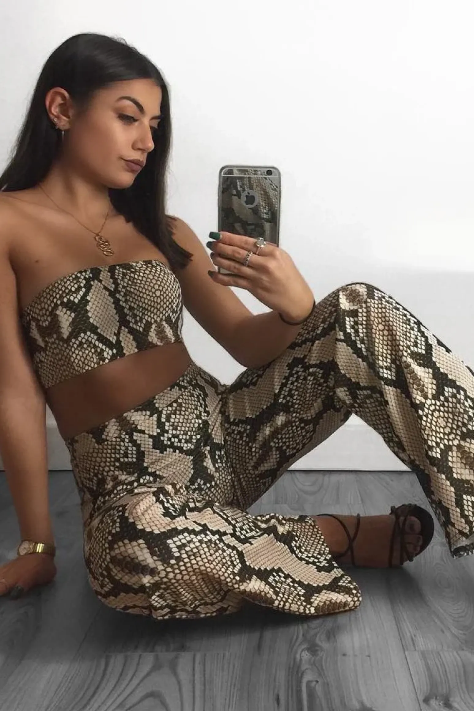 Rebellious Fashion Snake Print Bandeau And Wide Leg Trousers Co-ord - Freddie