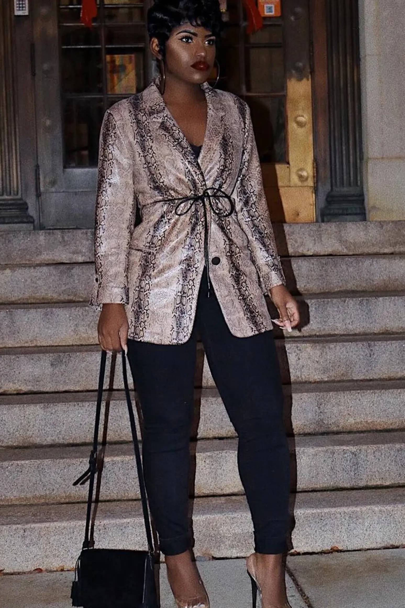 Rebellious Fashion Snake Print Coated Longline Blazer - Avilyn
