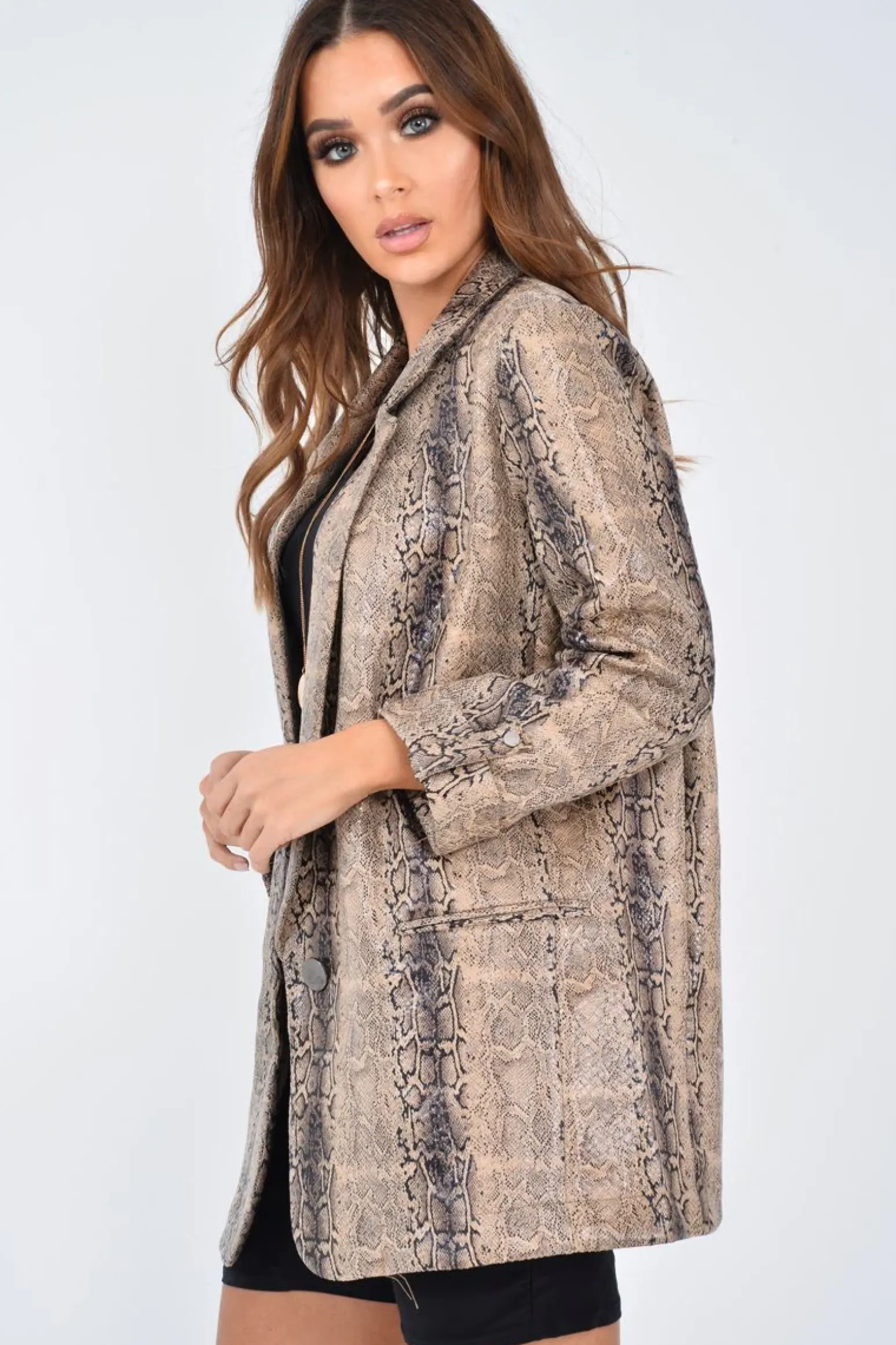 Rebellious Fashion Snake Print Coated Longline Blazer - Avilyn